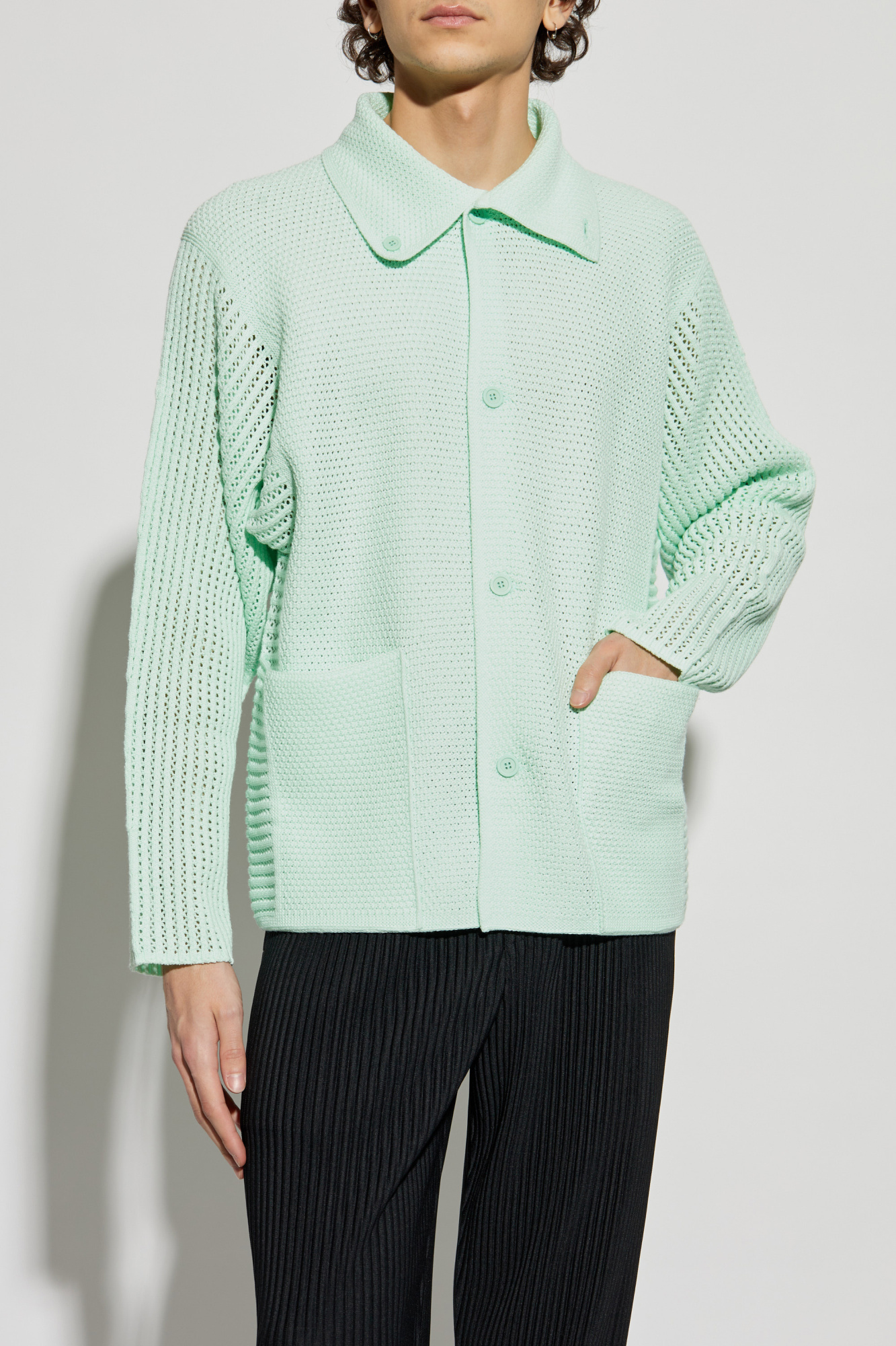 Green Cardigan with Collar Homme Plissé Issey Miyake